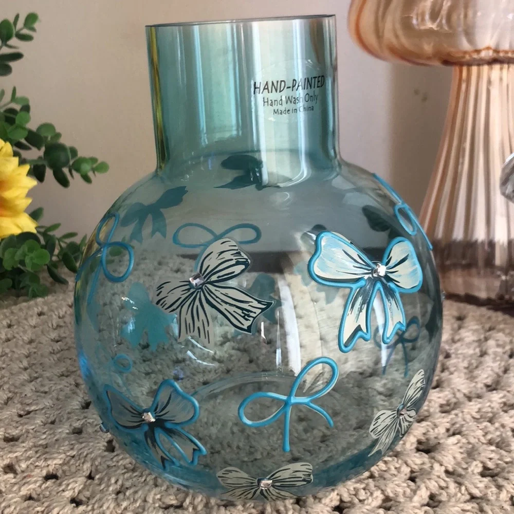 Cupcakes & Cashmere Blue Glass Vase with BOWS and Rhinestones Home Decor